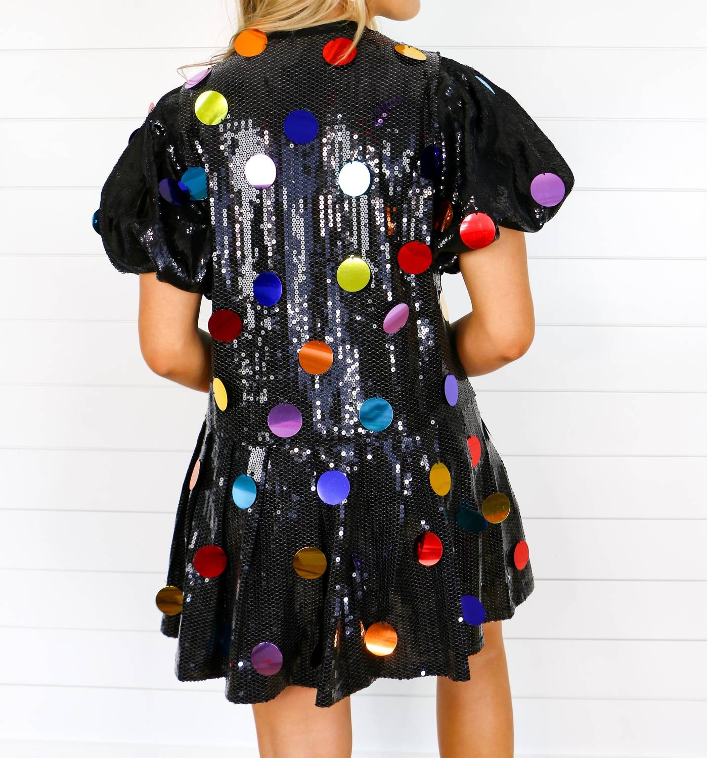 Queen Of Sparkles - Sequin Poof Sleeve Rainbow Paillette Dress