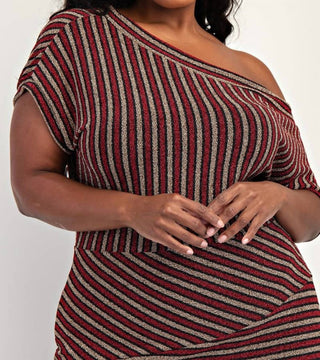 The Curve La - Plus Size Stripe Lurex Knit Off Shoulder Knit Midi Dress