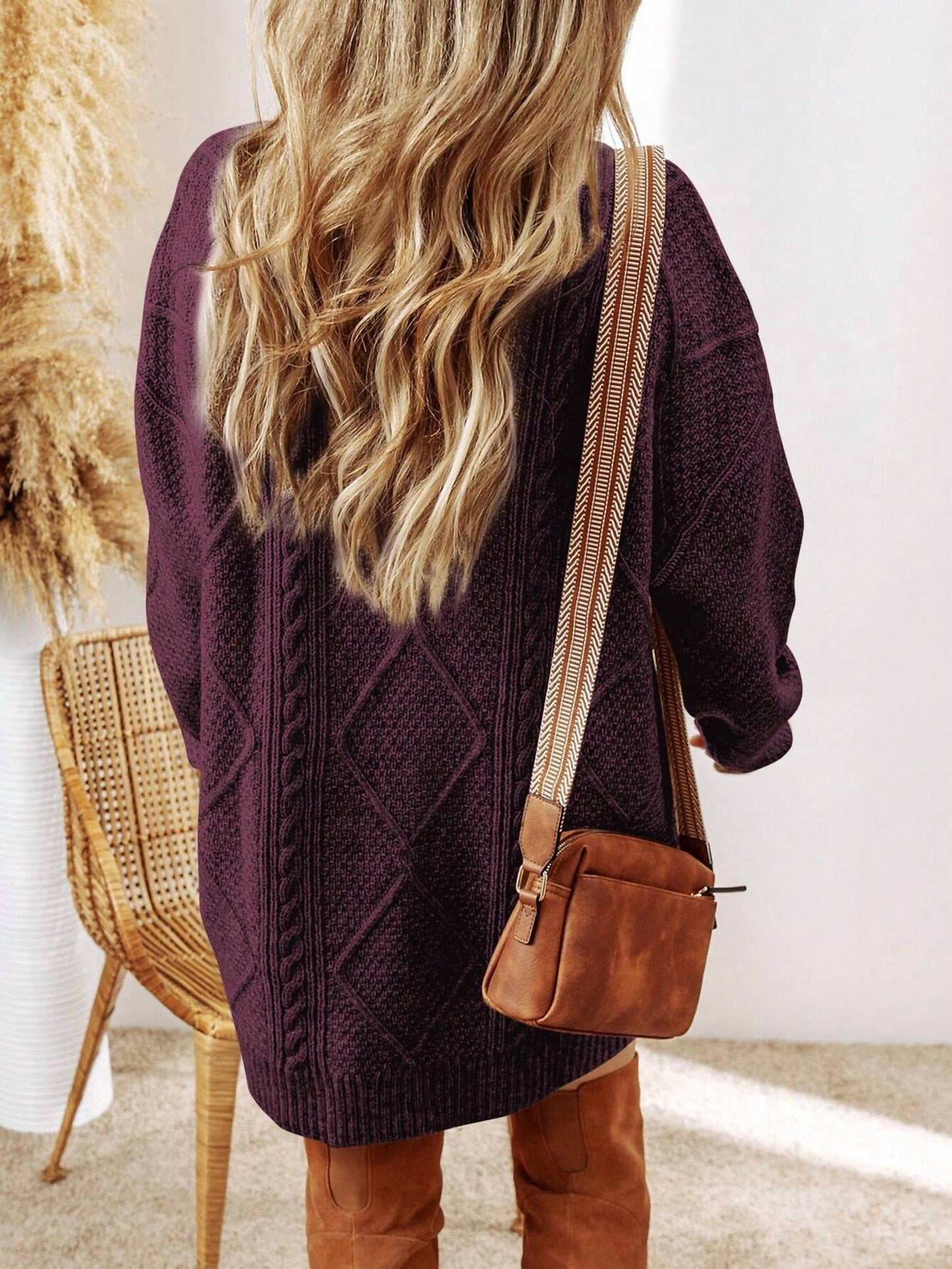 1 The Woman - Cable Knit Drop Shoulder Loose Fit Sweater Dress