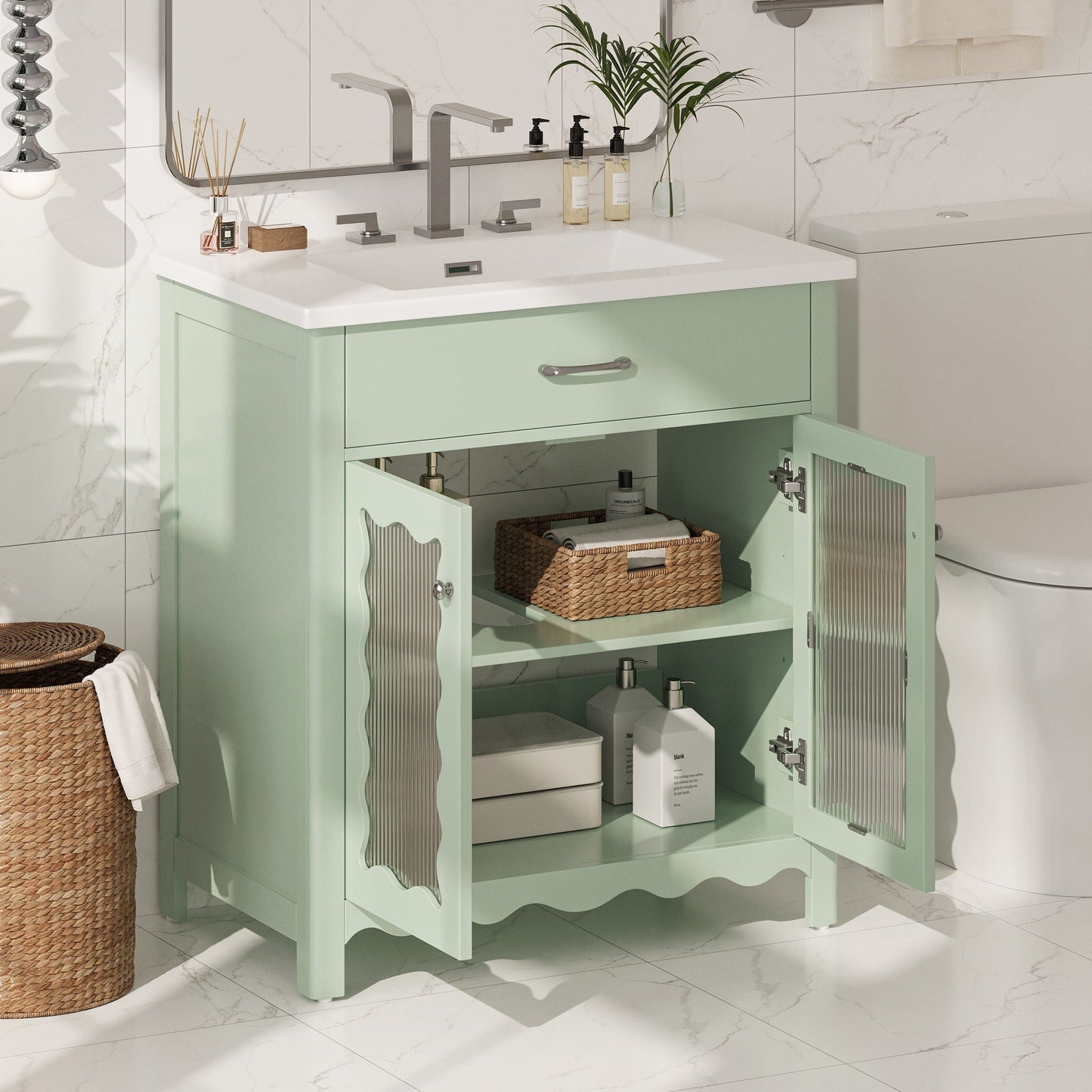 Modern Bathroom Vanity With Tempered Glass Doors