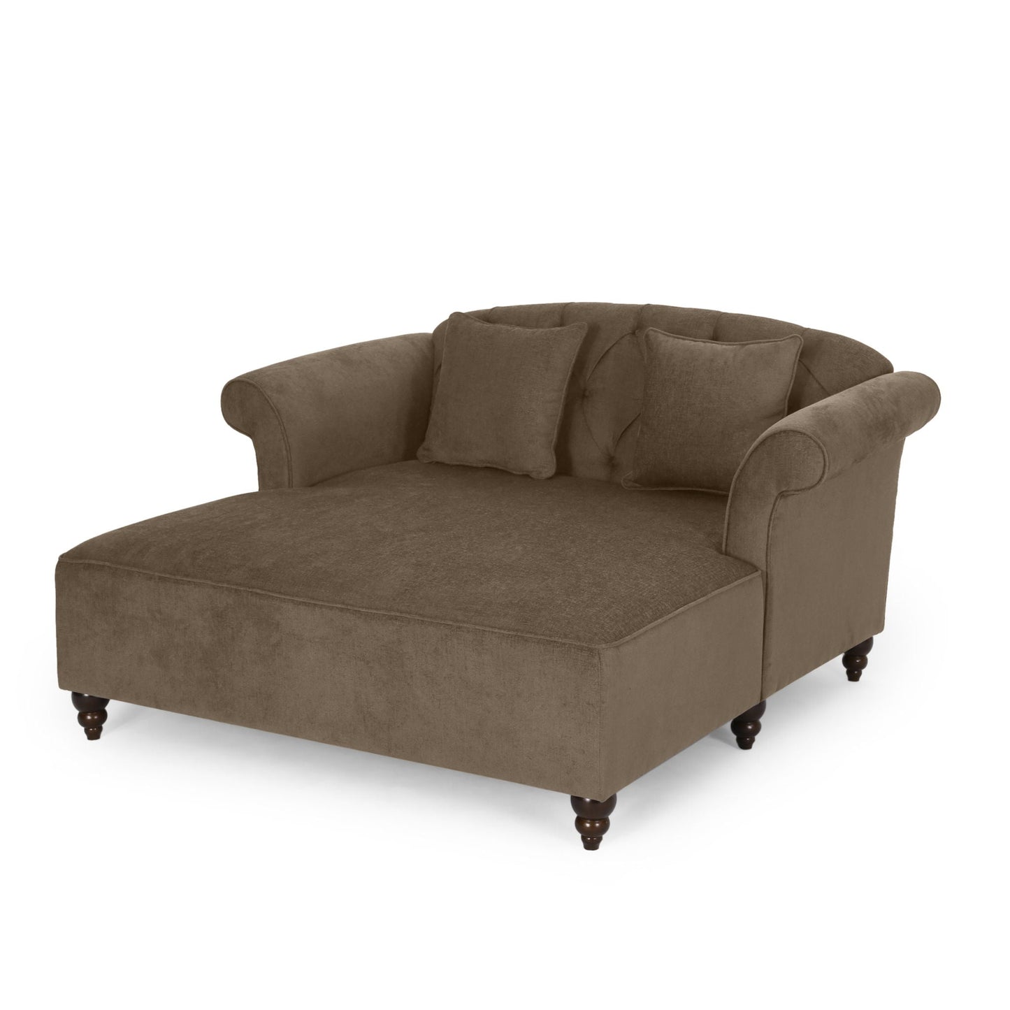 Upholstered Chaise Lounge With Scroll Arms, Turned Legs And 2 Pillows