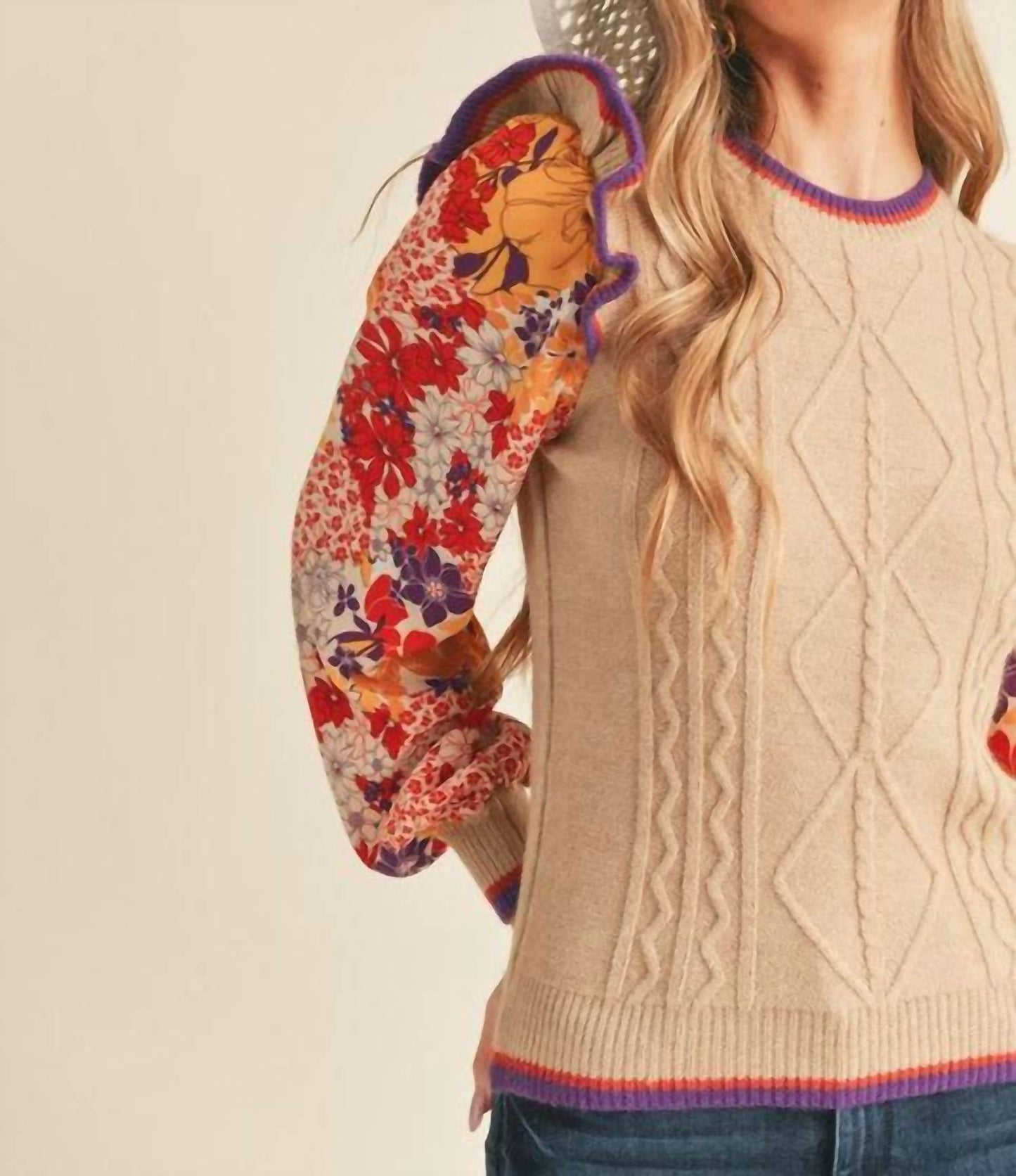&Merci - Knit Sweater With Woven Floral Sleeves