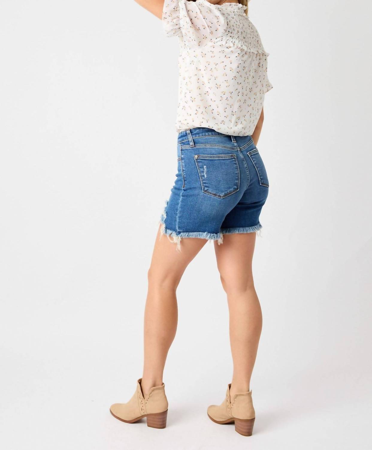 Judy Blue - Mid Rise Destroy Fray Hem Denim Shorts - Plus