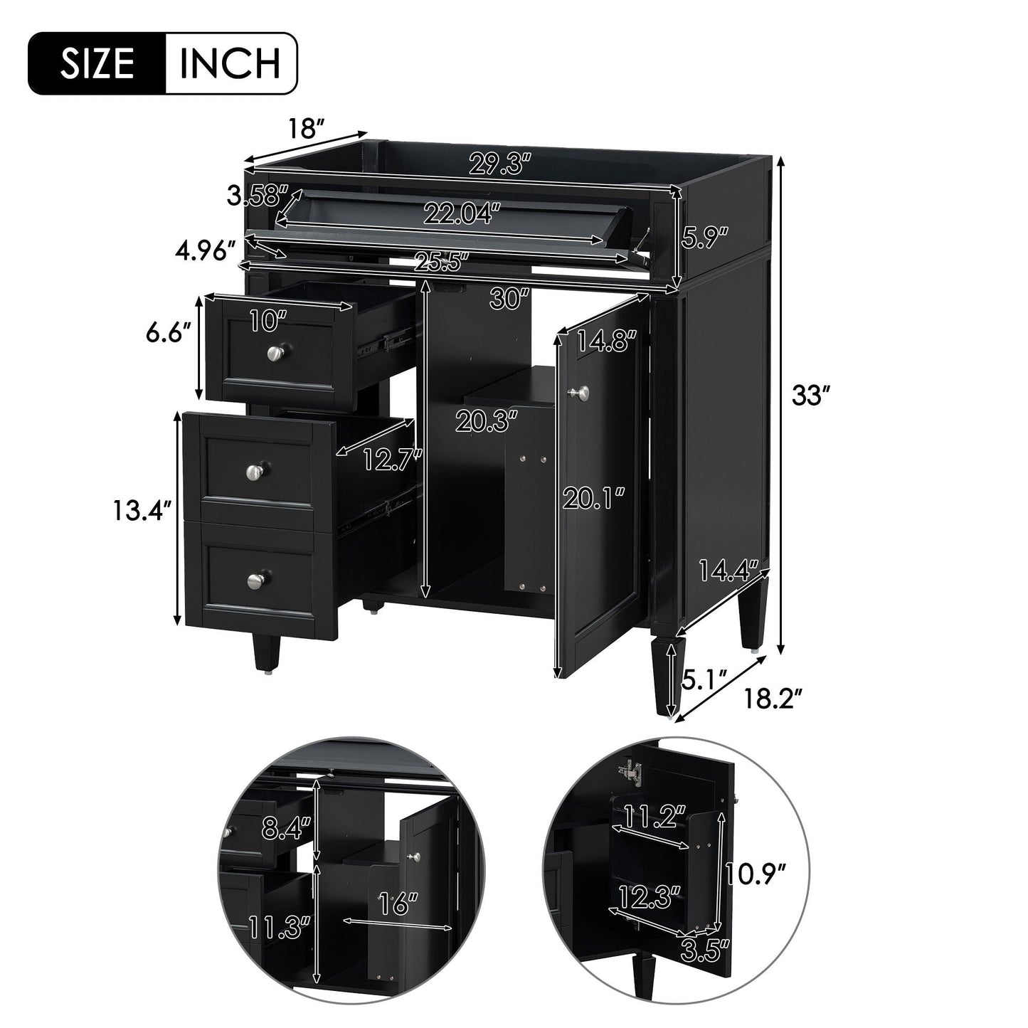 Bathroom Vanity With 2 Drawers and Tip-Out Drawer Storage Cabinet