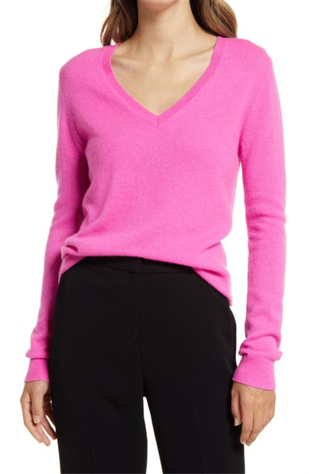 Nordstrom Cashmere Essential V-Neck Sweater In Pink Flash Size Small