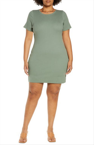 Open Edit Ribbed Body-Con Dress, Green Agave, Size 1X