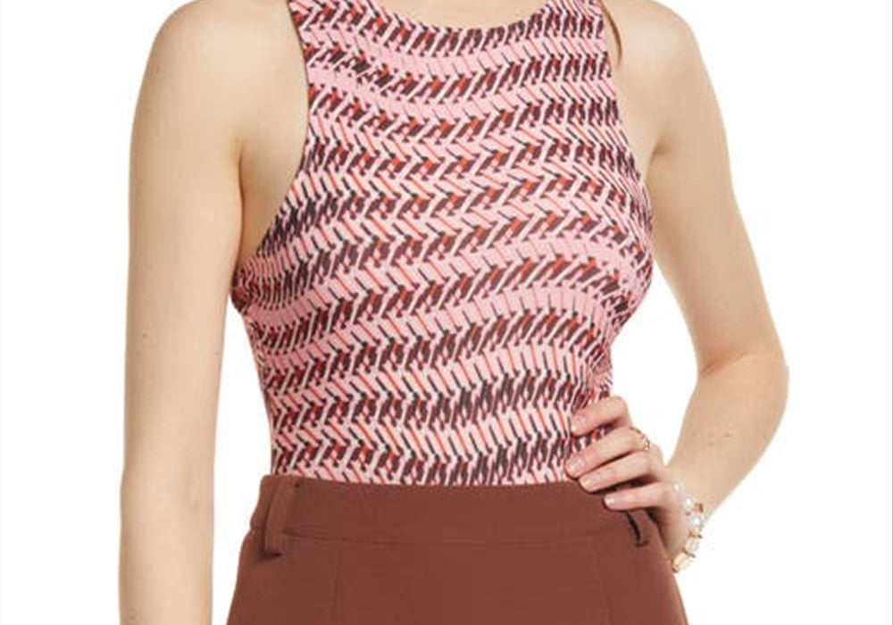 Open Edit High Crewneck Cutout Bodysuit In Pink Peony Wave Geometric Size X-Small