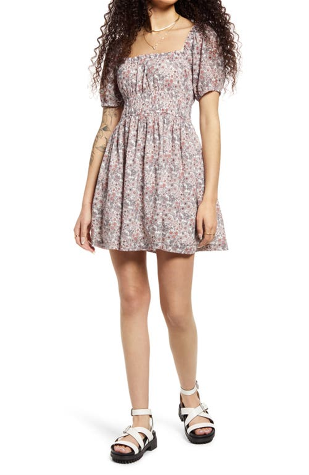 BP. Shirred Puff Sleeve Cotton Prairie Dress Ivory Size L