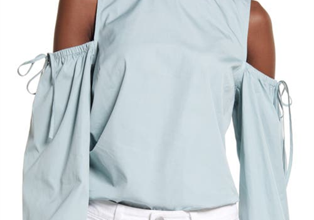 Medium Size Open Edit Teal Mist Cold Shoulder Cotton Poplin Shirt