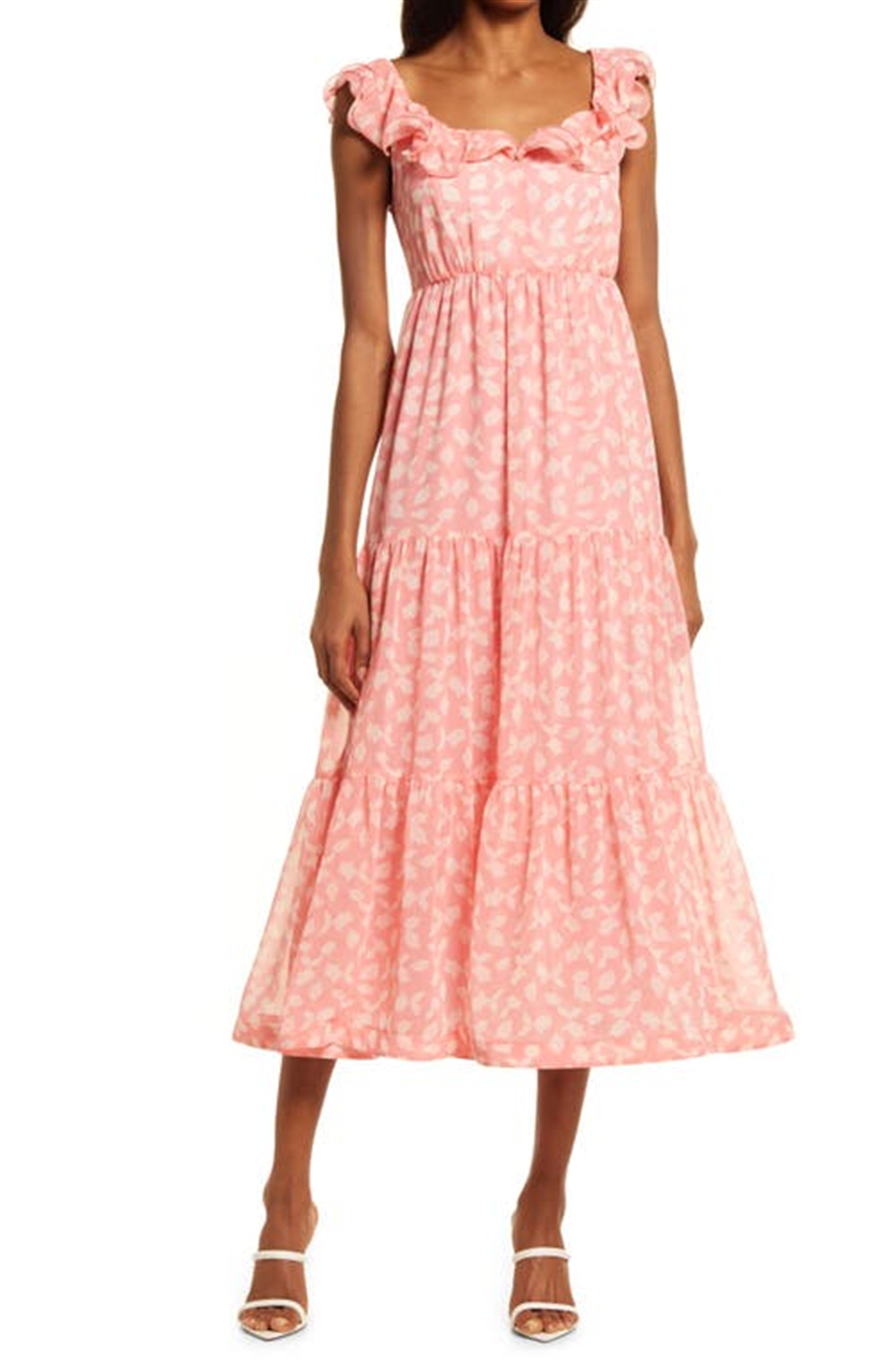 Chelsea28 Ruffle Midi Dress in Pink Falling Leaves , Size Medium