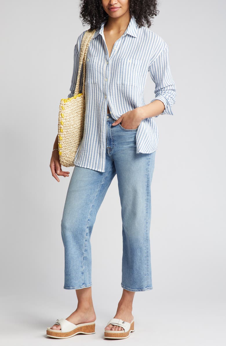 Caslon Plaid Cotton Gauze Shirt, Ivory Pink Teal Stripe, Medium Size