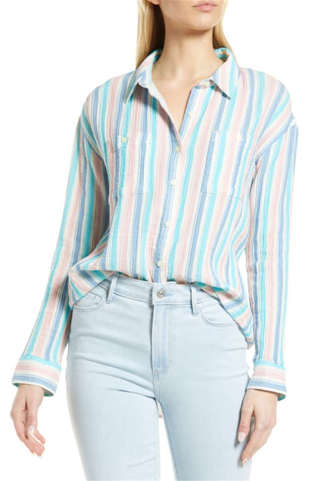 Caslon Plaid Cotton Gauze Shirt, Ivory Pink Teal Stripe, Medium Size