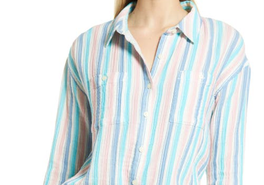 Caslon Plaid Cotton Gauze Shirt, Ivory Pink Teal Stripe, Medium Size