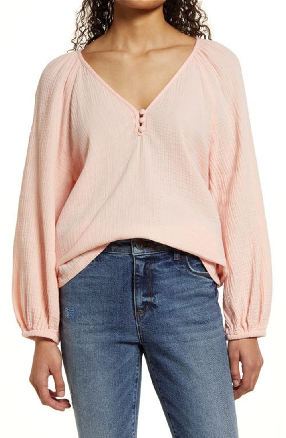 Small-Size Caslon Raglan Sleeve Seersucker Top in Pink Chintz