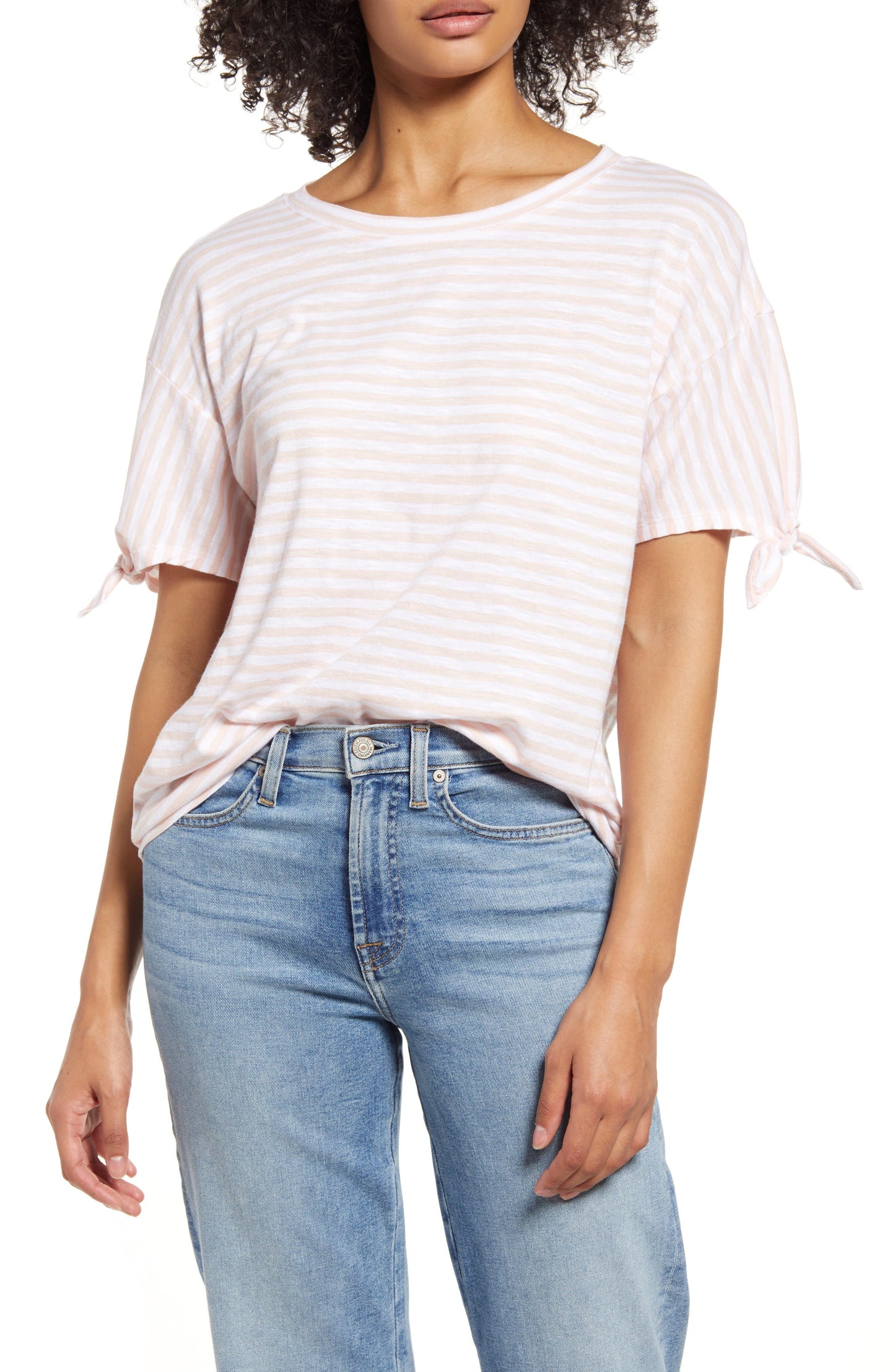 Caslon Women's Pink White Brooke Stripe Tie Sleeve T-Shirt Size X-Large