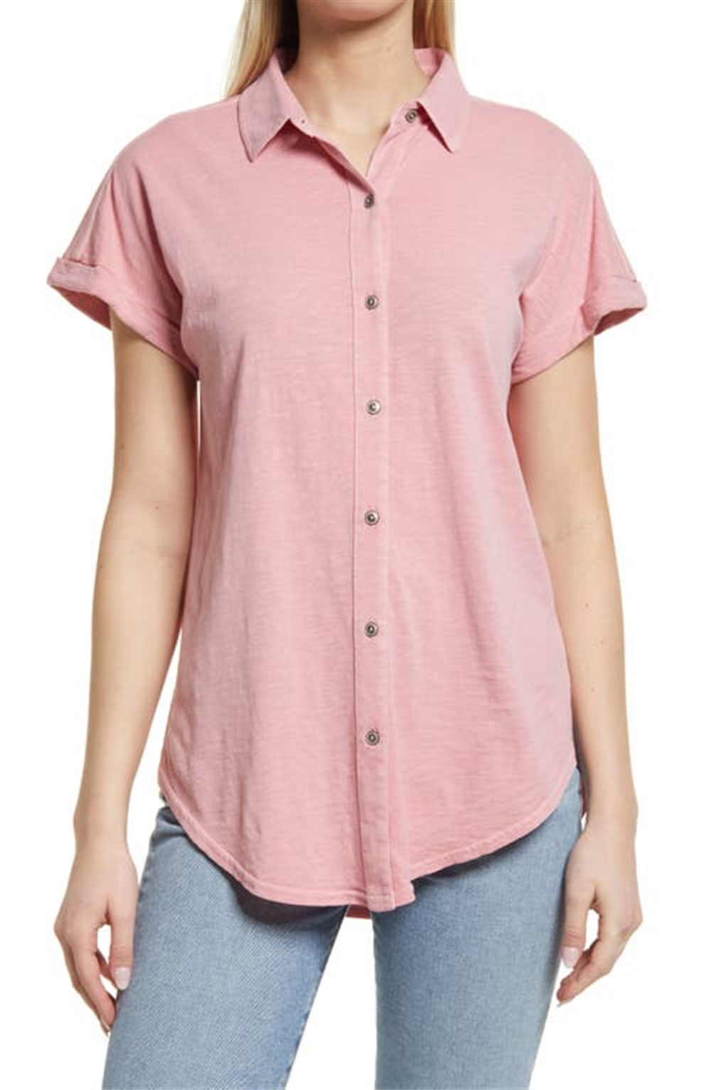 Medium Size Caslon Slub Jersey Camp Shirt in Pink Flamingo