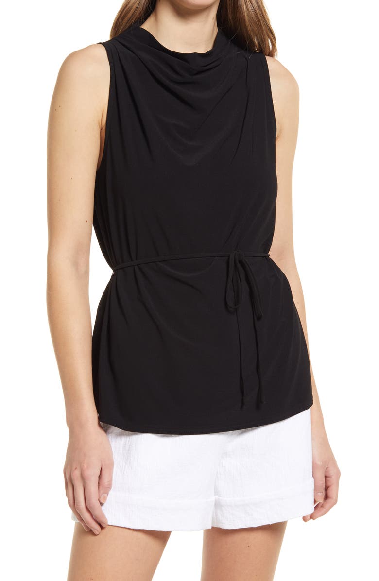 Medium Size Halogen Tie Waist Cowl Neck Sleeveless Top in Purple Bloom