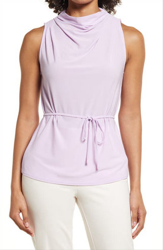 Medium Size Halogen Tie Waist Cowl Neck Sleeveless Top in Purple Bloom