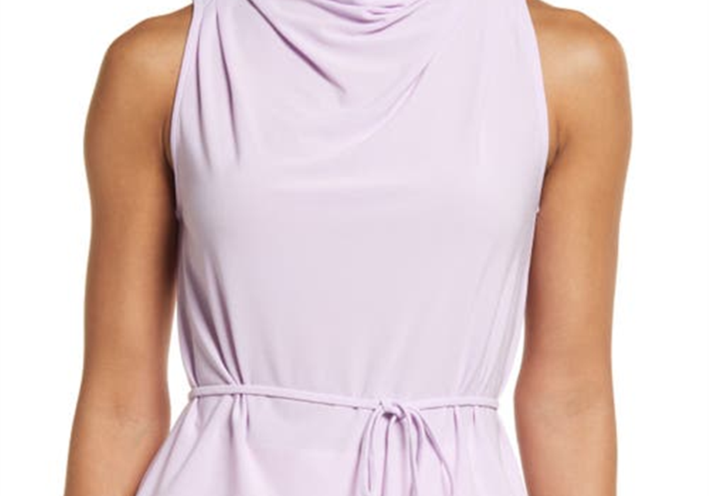 Medium Size Halogen Tie Waist Cowl Neck Sleeveless Top in Purple Bloom