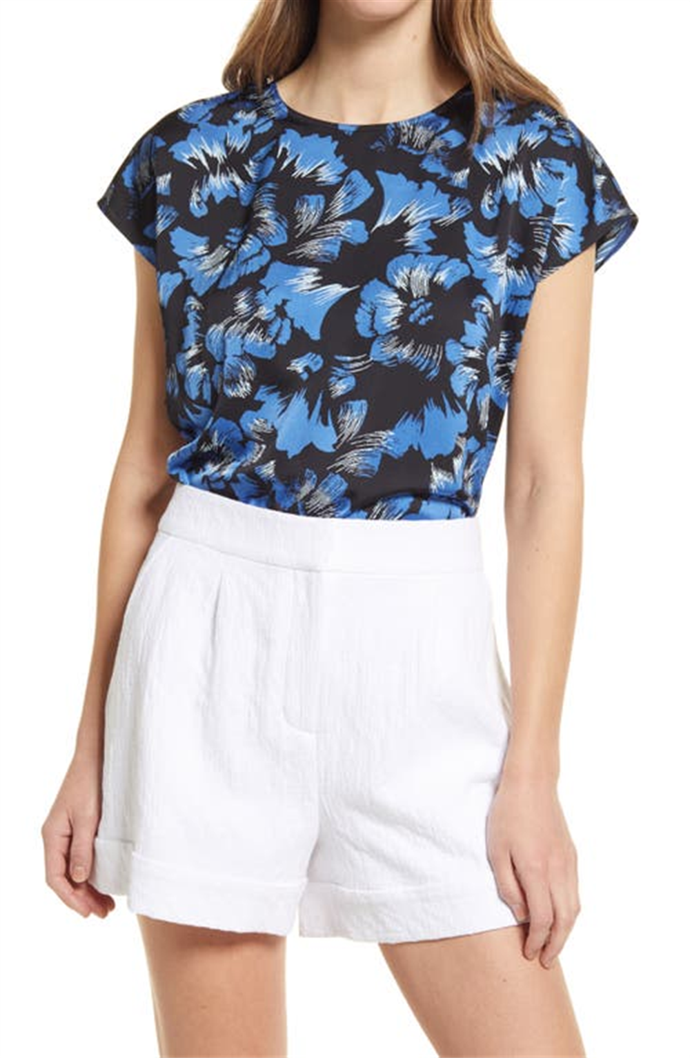 Halogen Cap Sleeve Satin Blouse in Black Blue Fan Floral Size XS