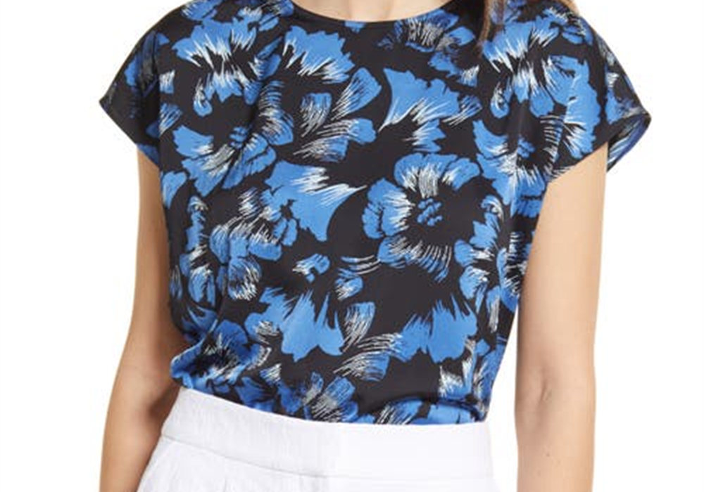 Halogen Cap Sleeve Satin Blouse in Black Blue Fan Floral Size XS