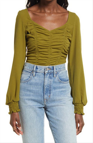 Open Edit Small Size Olive Avocado Ruched Crop Top