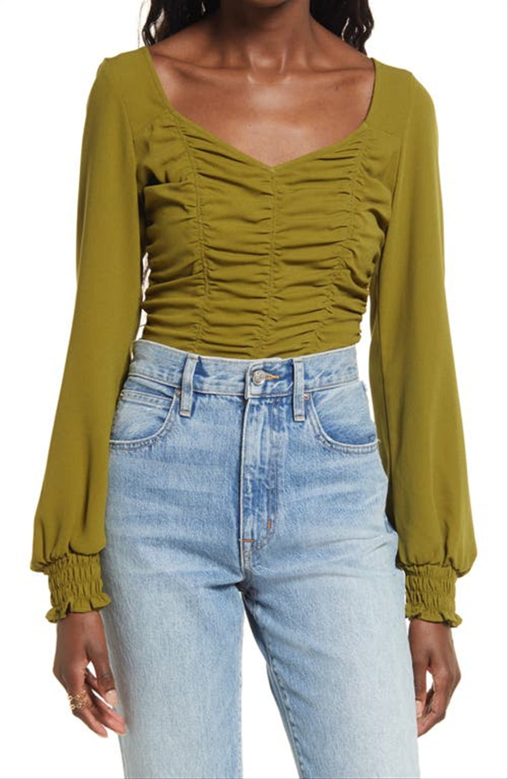 Open Edit Medium Size Ruched Crop Top in Olive Avocado