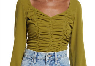 Open Edit Medium Size Ruched Crop Top in Olive Avocado