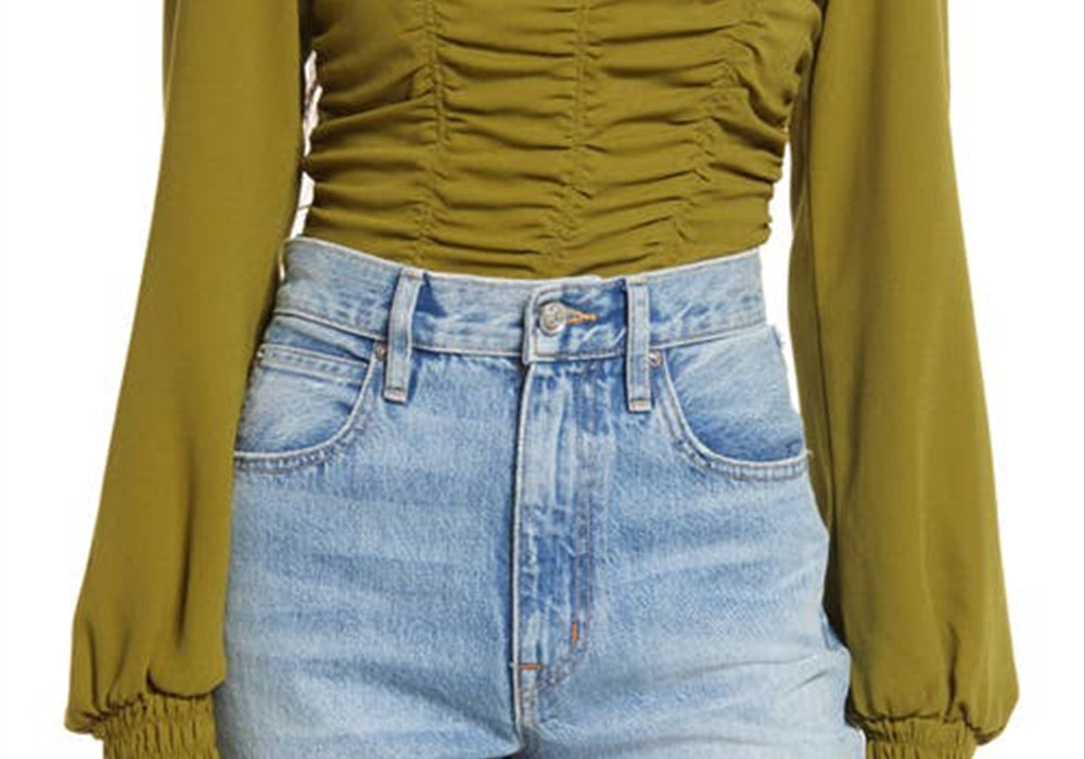 Open Edit Medium Size Ruched Crop Top in Olive Avocado