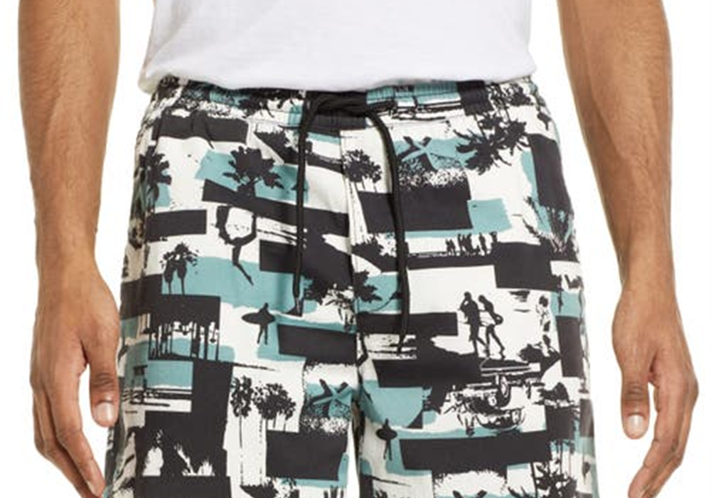 Open Edit Print E-Waist Shorts In White- Teal Surfs Up Collage Size X-Large