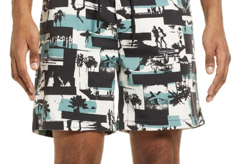 Open Edit Print E-Waist Shorts In White- Teal Surfs Up Collage Size X-Large
