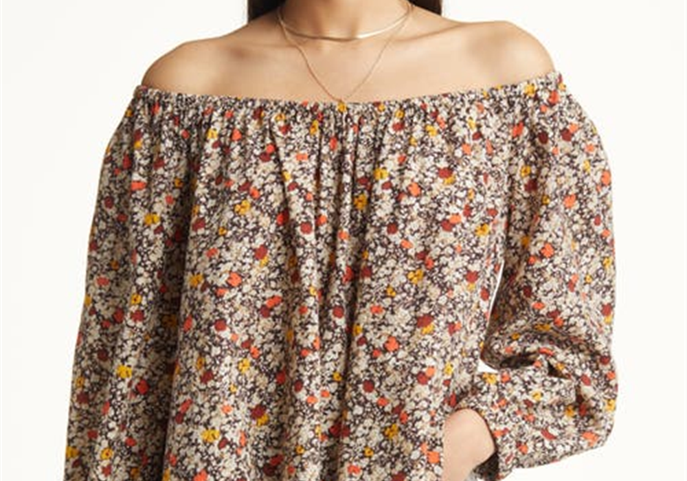Treasure & Bond Shirred Off The Shoulder Top In Brown- Ivory Cally Floral Size Large