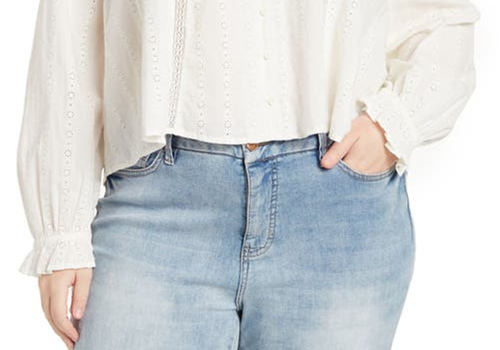 Treasure & Bond Shiffly Tie Neck Eyelet Top In Ivory Size 3X