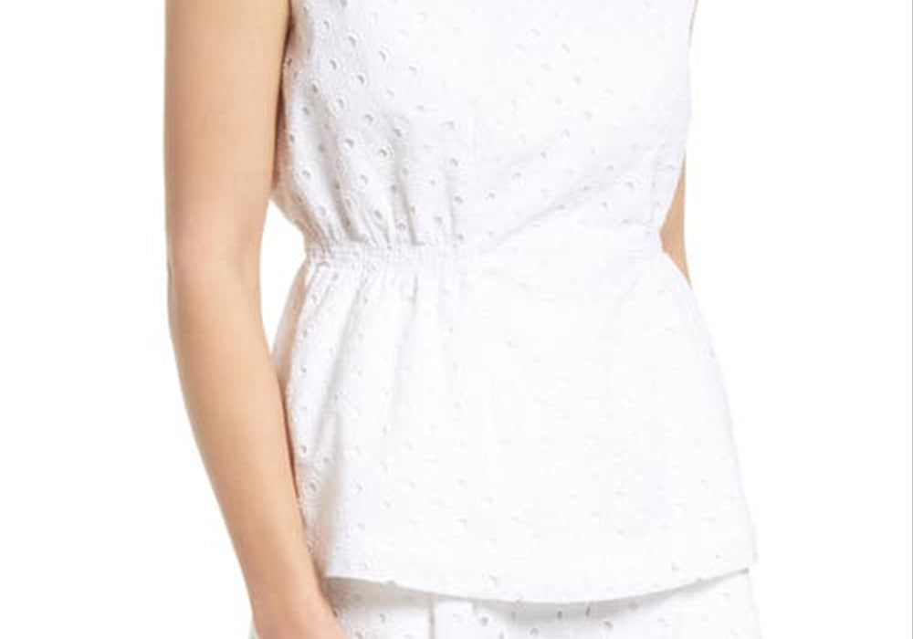 Large Size White Halogen Eyelet Smocked Waist Top