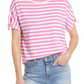 Caslon Tie Sleeve T-Shirt in Pink Ibis White Charm Stripe Size Medium