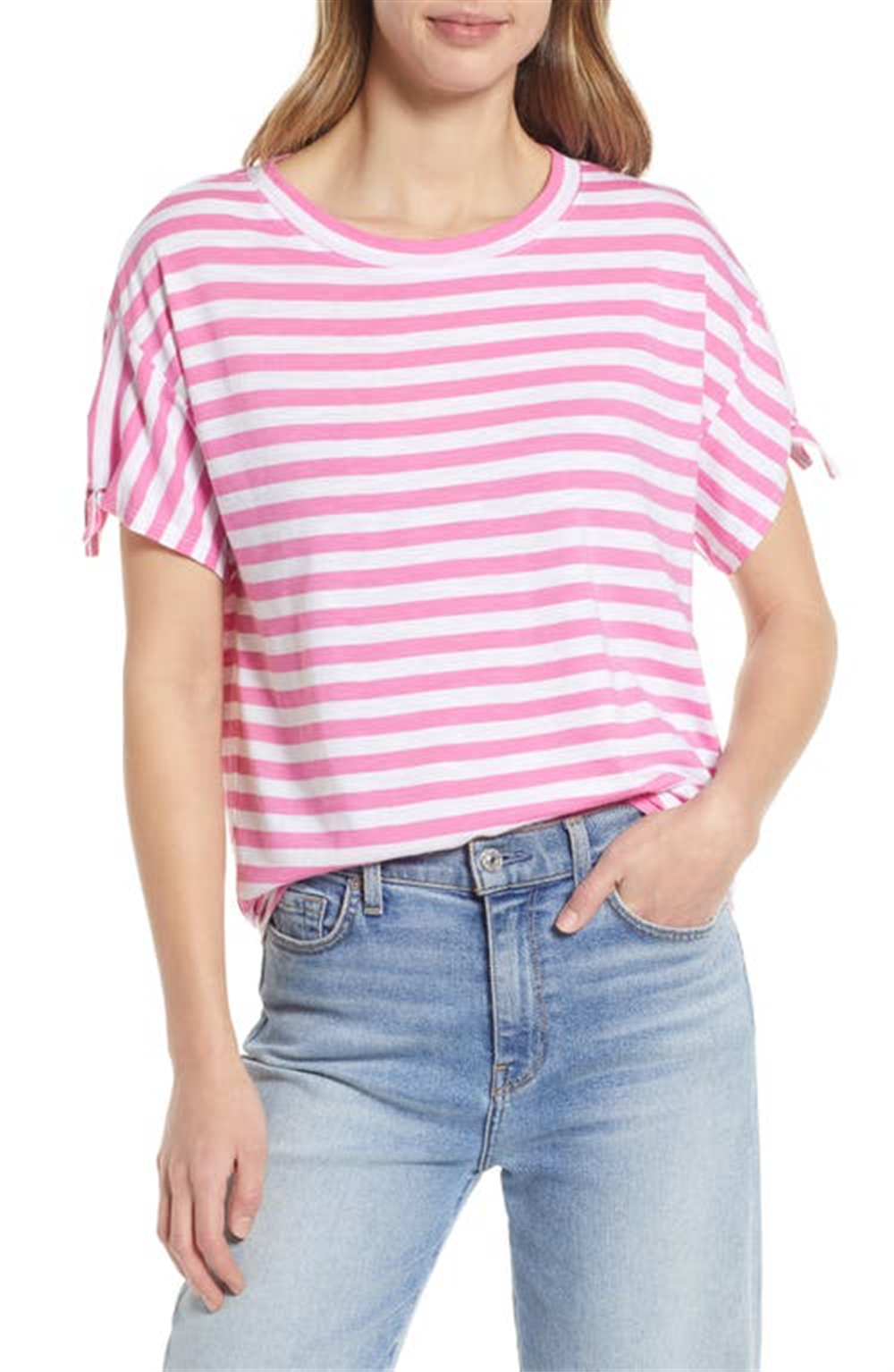 Caslon Tie Sleeve T-Shirt in Pink Ibis White Charm Stripe Size Medium