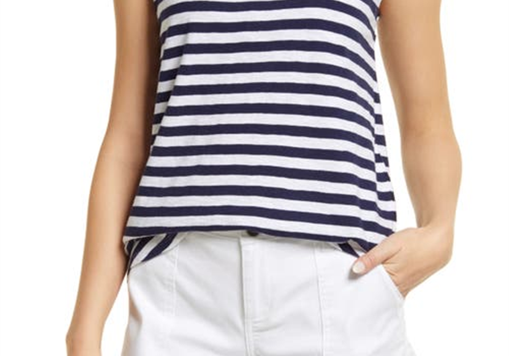 Caslon Tie Back Cap Sleeve Cotton Top Size X-Small in Navy White Charm Stripe