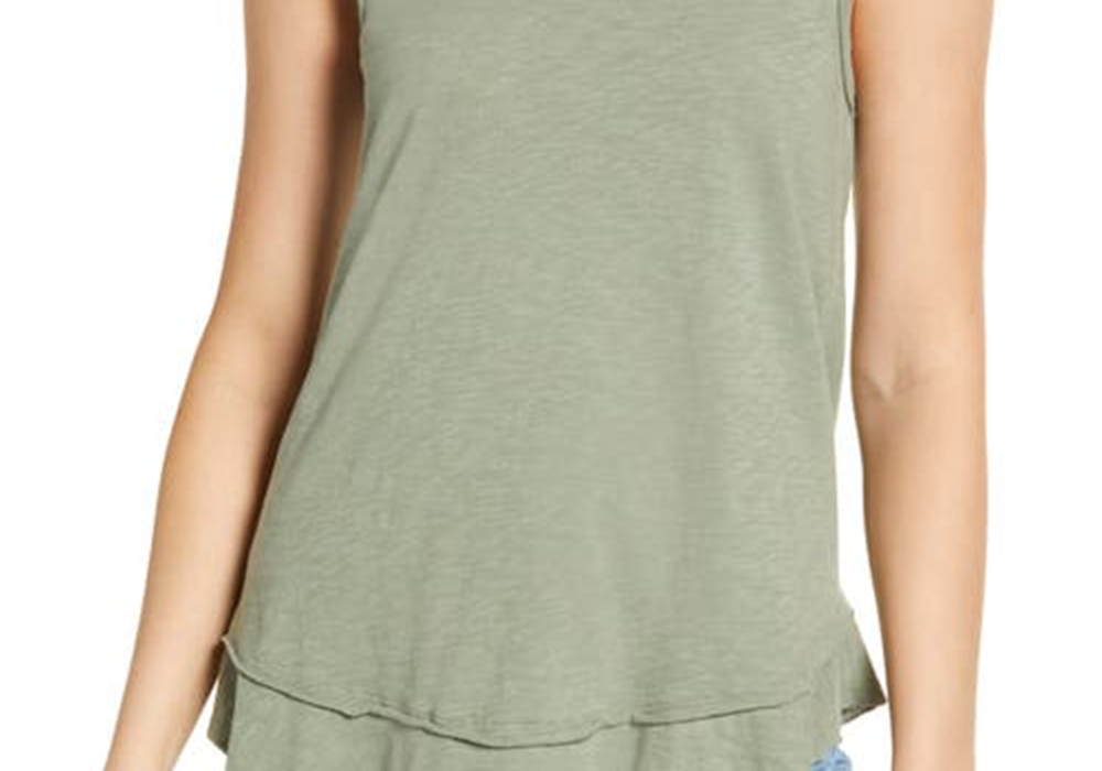 Caslon Tiered Hem Cotton Tank in Green Dune Size XS
