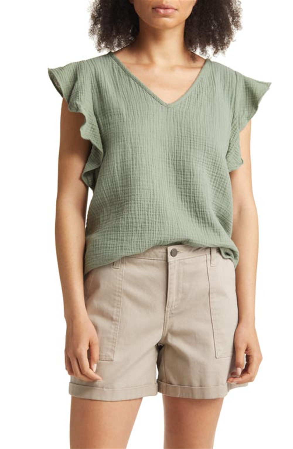 Green Dune Caslon V-Neck Ruffle Sleeve Top Size X-Small