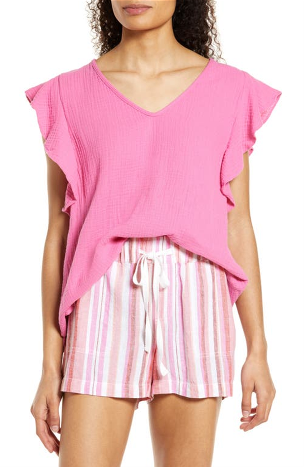 Medium Size Caslon V-Neck Ruffle Sleeve Top in Pink Ibis - Nordstrom