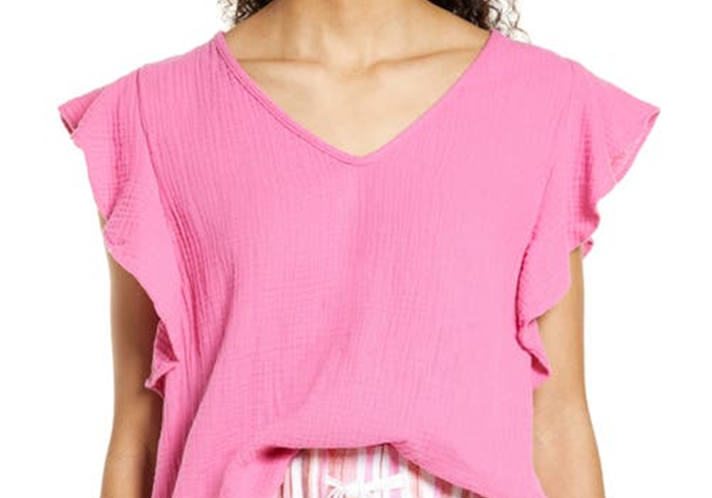 Medium Size Caslon V-Neck Ruffle Sleeve Top in Pink Ibis - Nordstrom