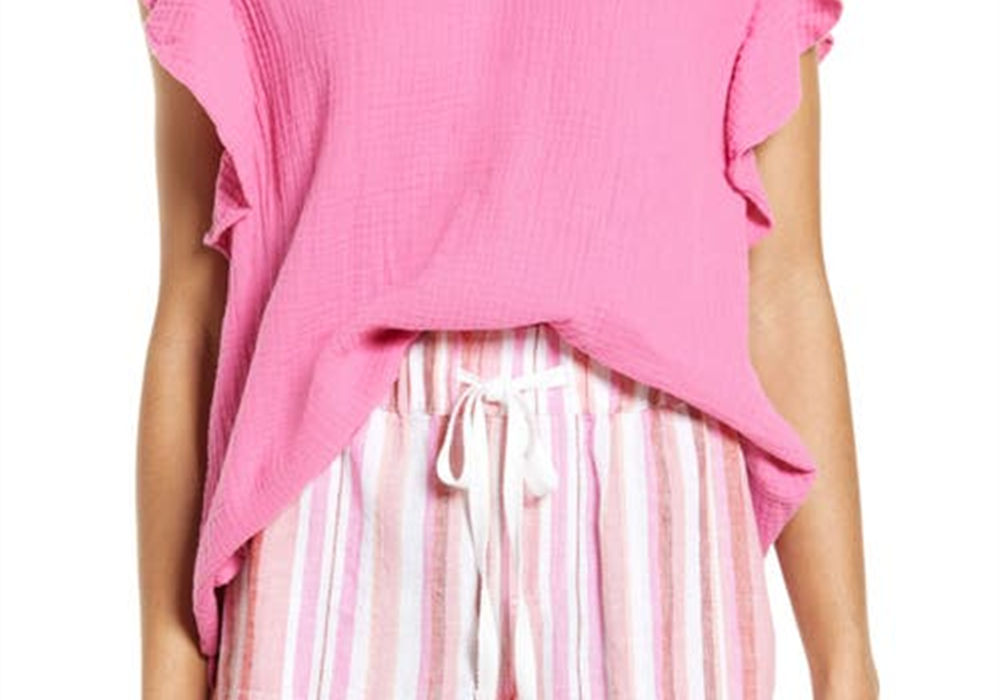 Medium Size Caslon V-Neck Ruffle Sleeve Top in Pink Ibis - Nordstrom