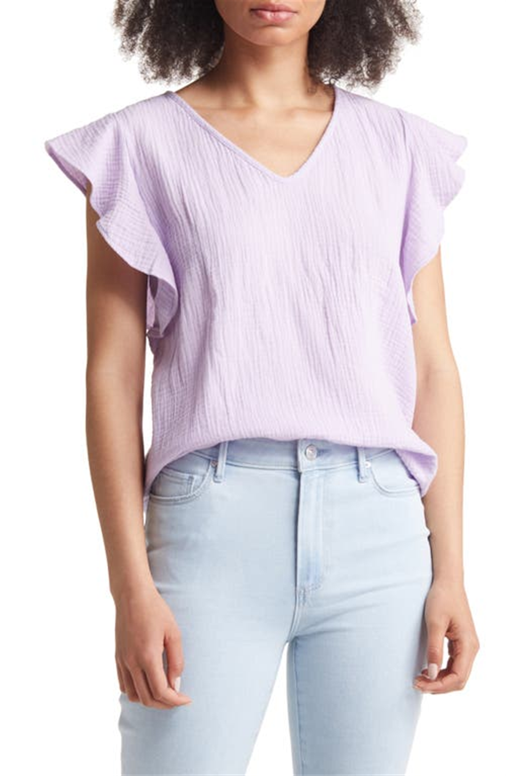 Large Caslon V-Neck Top with Ruffle Sleeves in Purple Bloom