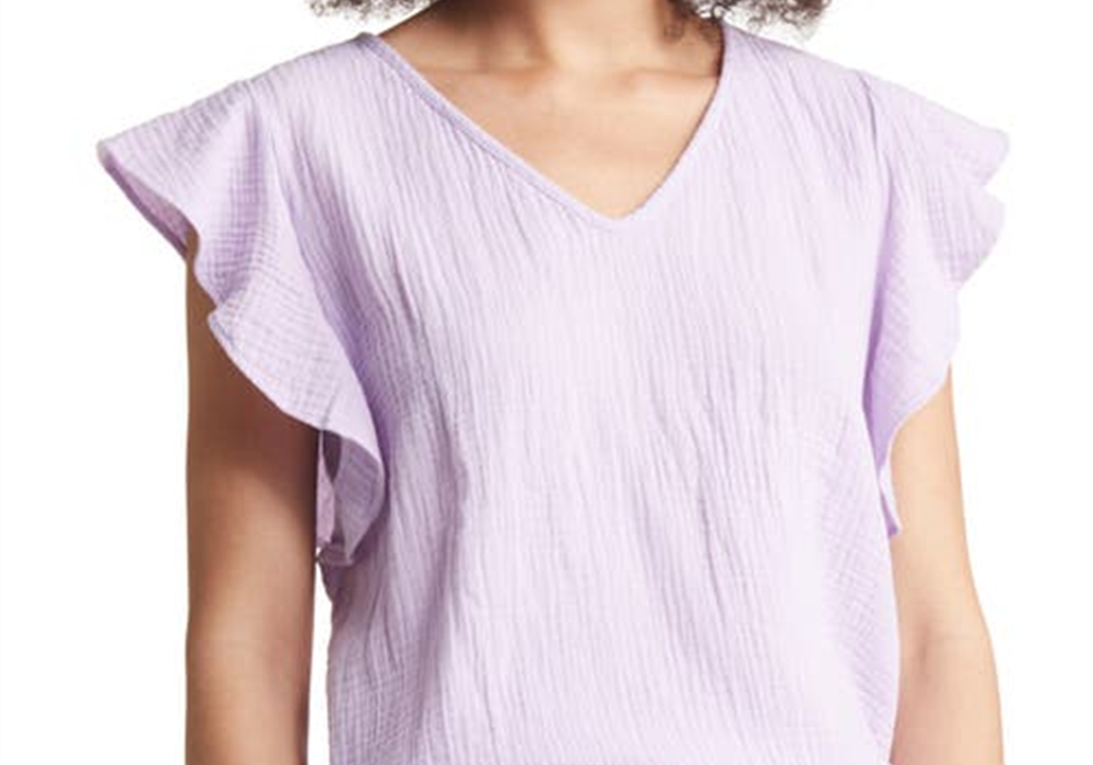 Large Caslon V-Neck Top with Ruffle Sleeves in Purple Bloom