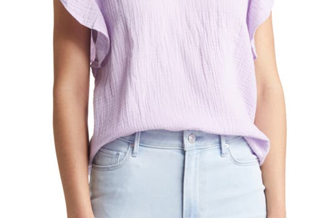 Large Caslon V-Neck Top with Ruffle Sleeves in Purple Bloom