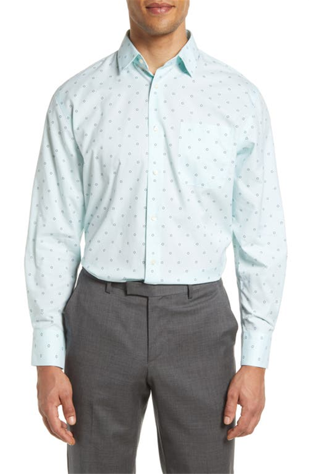Nordstrom Green Uni Geo Flowers Dress Shirt - Size 15-32 Non-Iron Traditional Fit