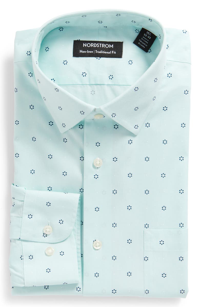 Nordstrom Green Uni Geo Flowers Dress Shirt - Size 15-32 Non-Iron Traditional Fit
