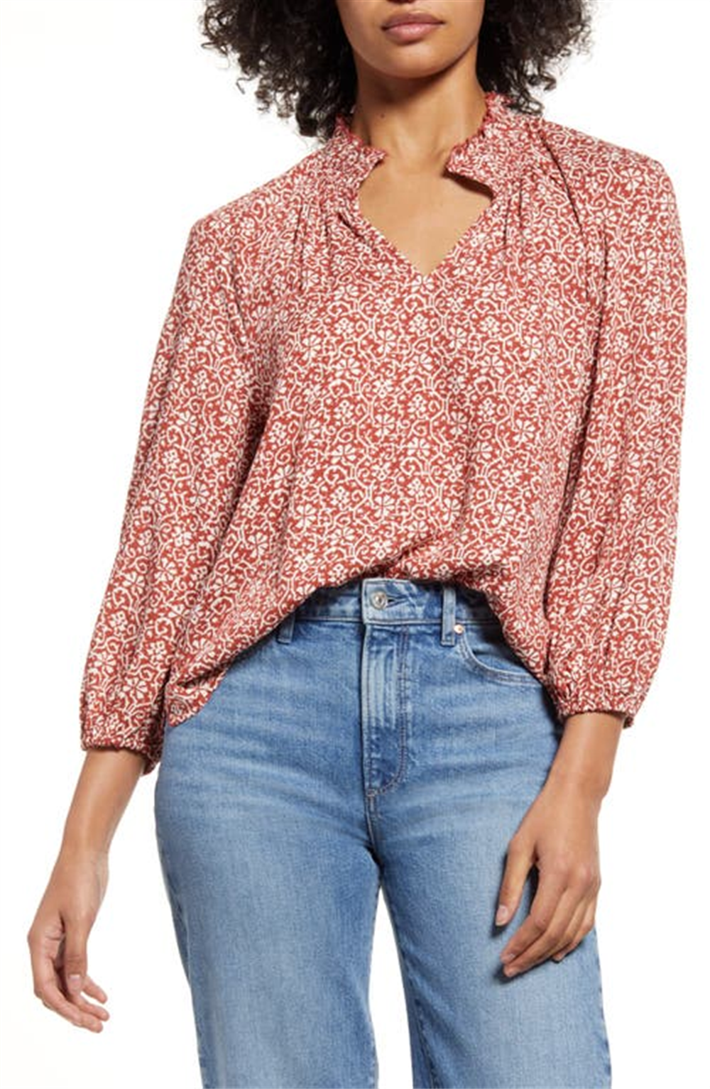 caslon(r) Floral Print Split Neck Shirt in Rust- Ivory Ikat Bloom , Size Large