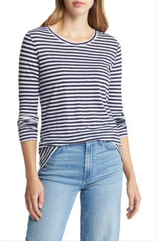 Caslon Women's Navy-White Brooke Stripe Long Sleeve T-Shirt Size Small