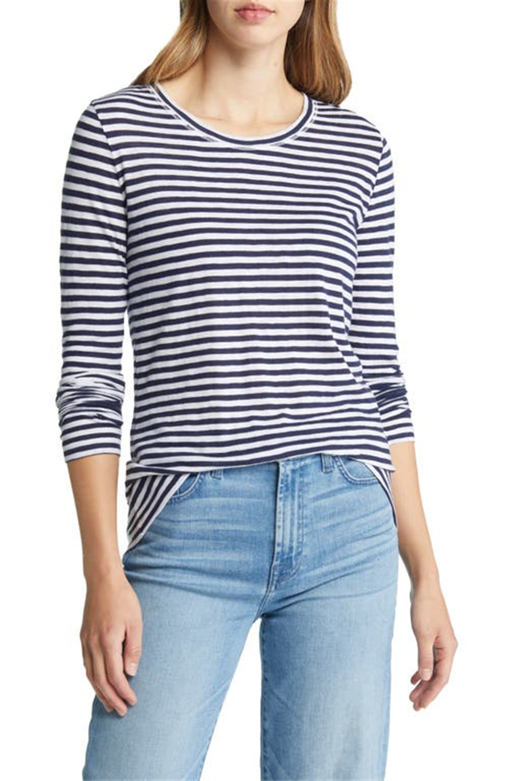 Caslon Women's Navy-White Brooke Stripe Long Sleeve T-Shirt Size Medium